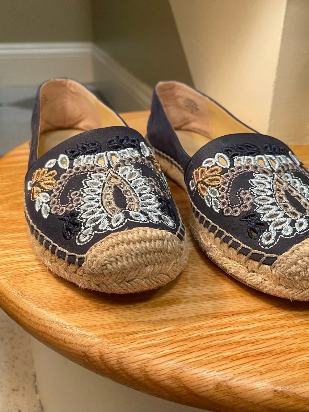 Ivanka Trump Embroidered Navy Espadrille Flats with Lt Blue & Neutral Stitching